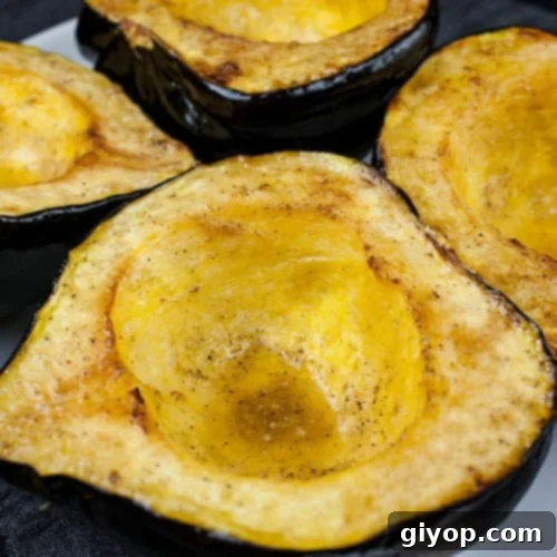 Perfectly Roasted Acorn Squash Recipe 6 Close-up of a beautifully roasted acorn squash half, golden and tender, with a hint of butter melting into its flesh.