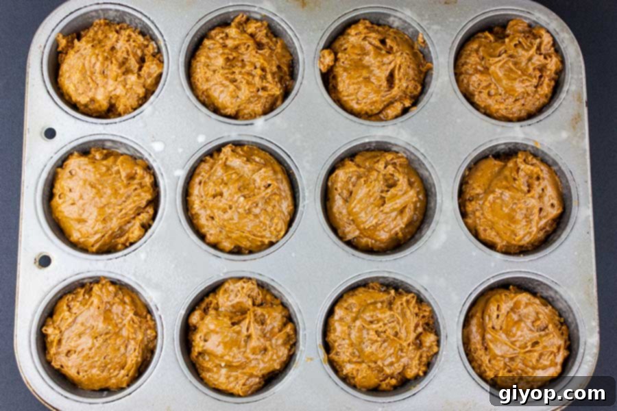 Gingerbread muffin batter neatly divided into a 12-cup muffin tin, ready for baking, highlighting its rich, dark color.