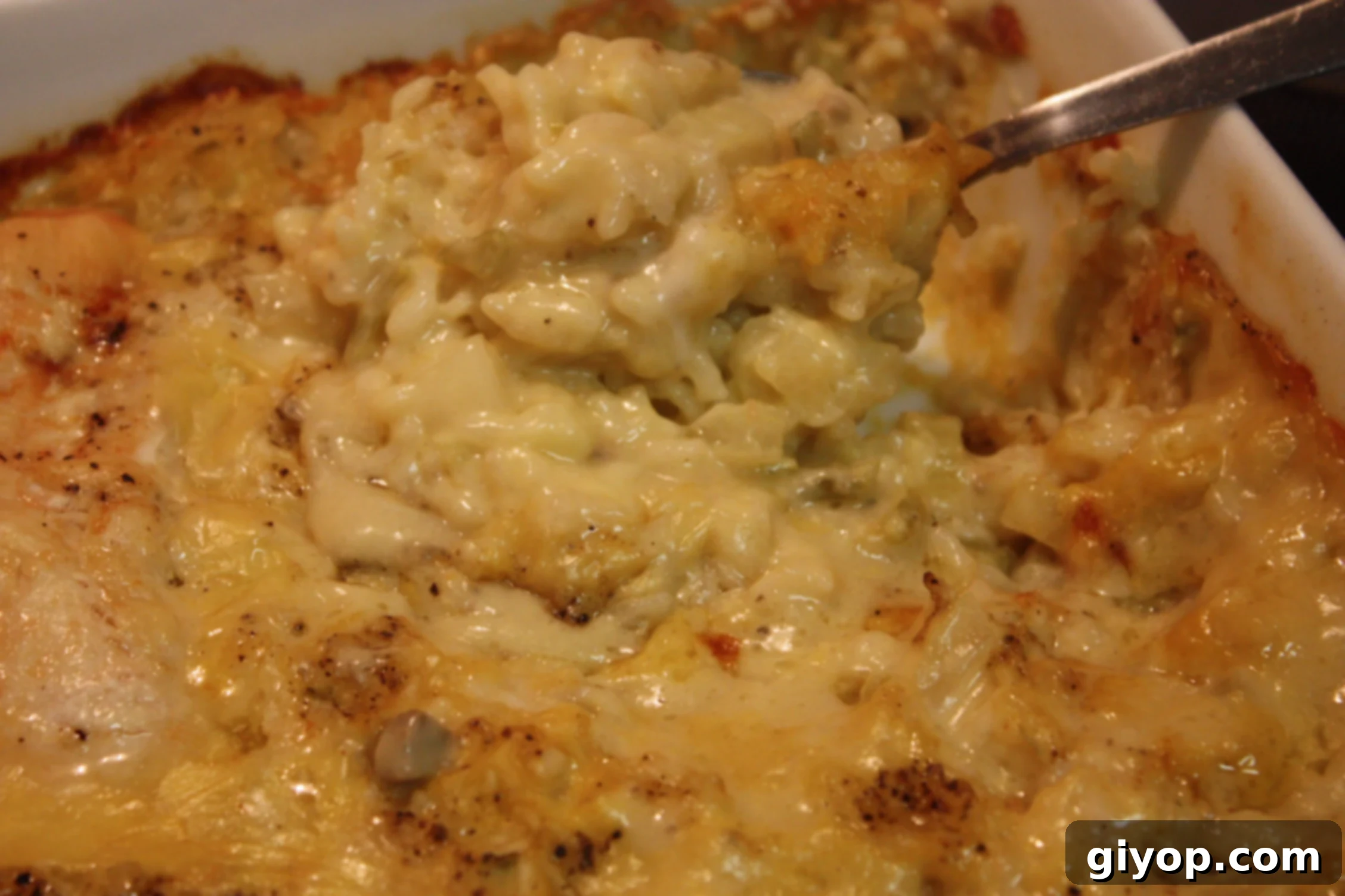 Golden Chicken and Rice Bake 4 Close-up of baked chicken and rice casserole showing golden chicken and creamy rice.