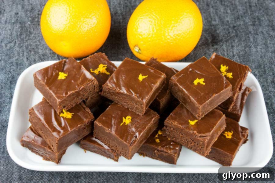 Freshly cut chocolate orange fudge squares arranged on a white plate, elegantly garnished with orange zest for a vibrant touch.