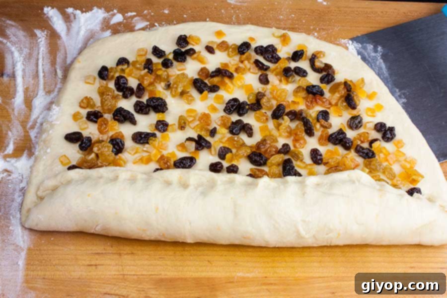 The panettone dough rolled out, with fruit sprinkled over it, beginning the rolling process.