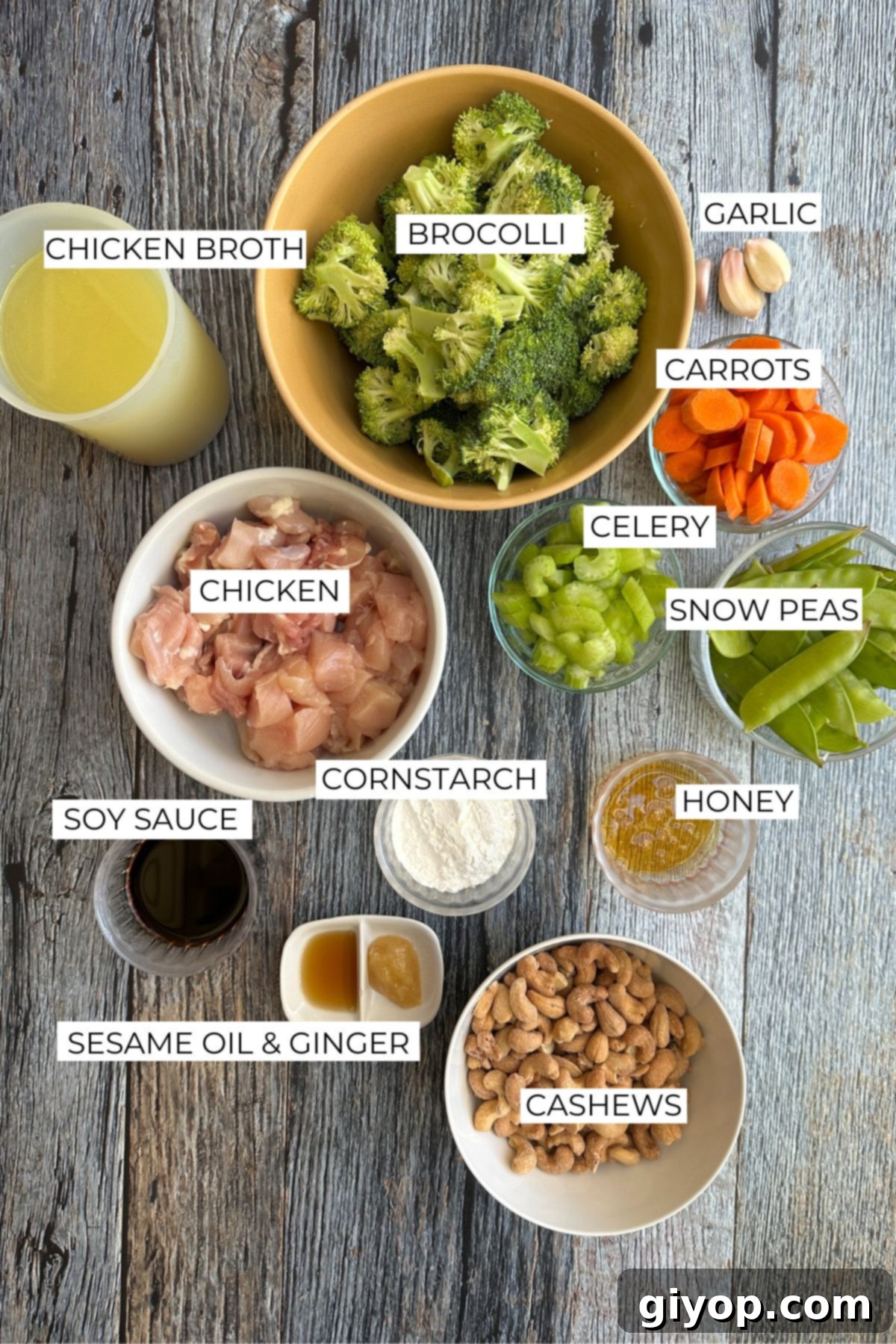 Ingredients for cashew chicken stir fry labeled.