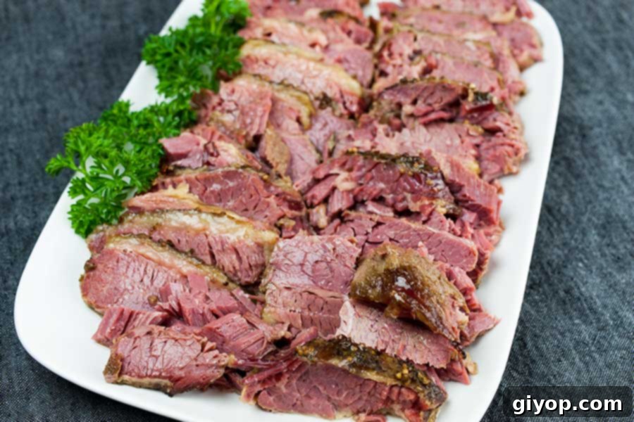 Melt-in-Your-Mouth Slow Cooker Corned Beef 5 Slow cooker corned beef sliced on a platter garnished with parsley.