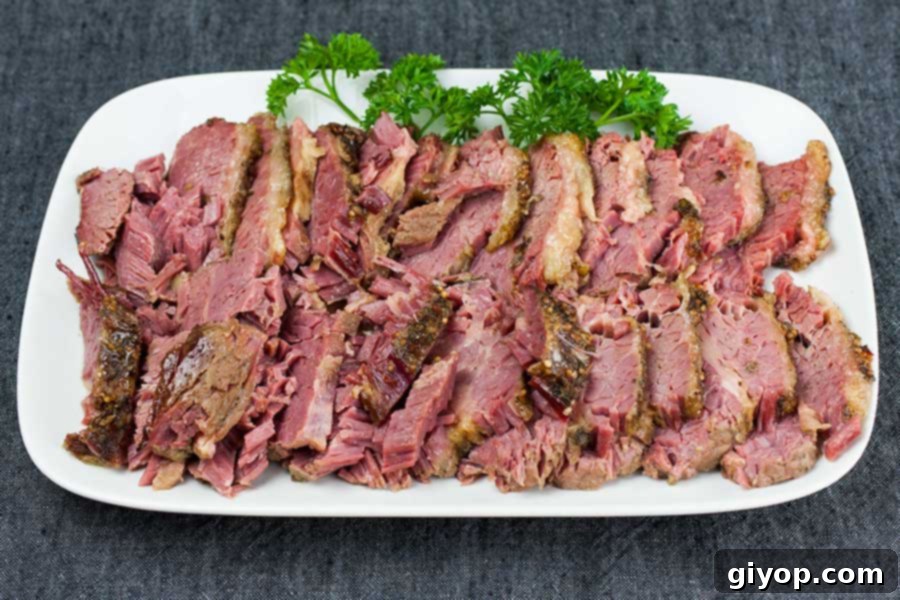 Melt-in-Your-Mouth Slow Cooker Corned Beef 6 Slow cooker corned beef on a white plate garnished with parsley.