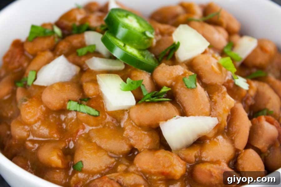 A beautifully presented bowl of Mexican Pinto Beans (Charro Beans), garnished with fresh herbs and chili, ready to be enjoyed.