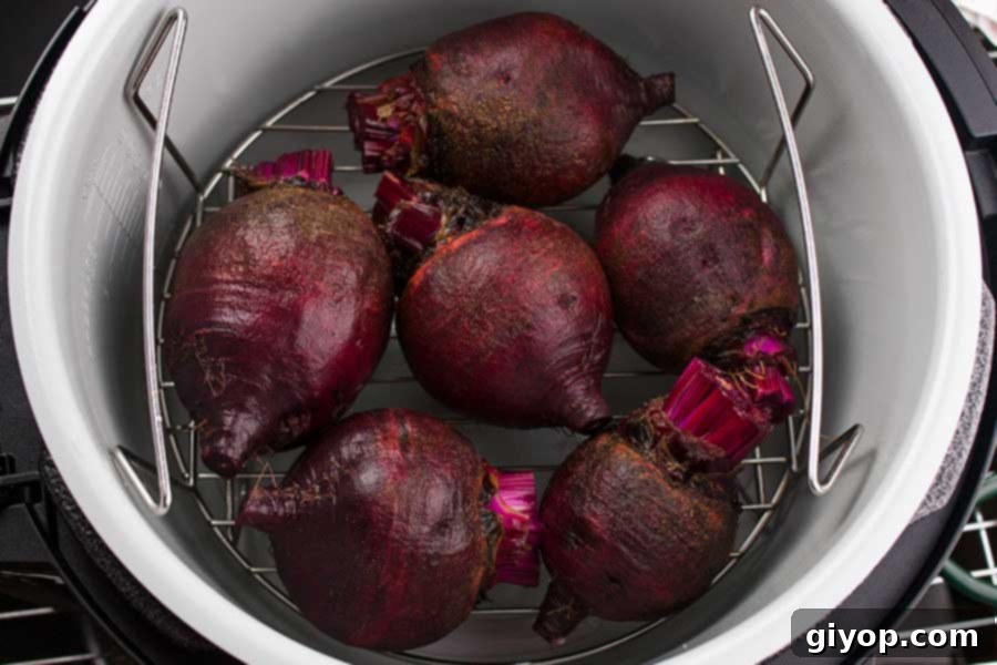 Cleaned, raw beets with their greens removed, neatly arranged on the lower rack inside the Ninja Foodi pot, ready for pressure cooking.