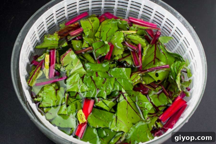 beet greens in a salad spinner filled with water