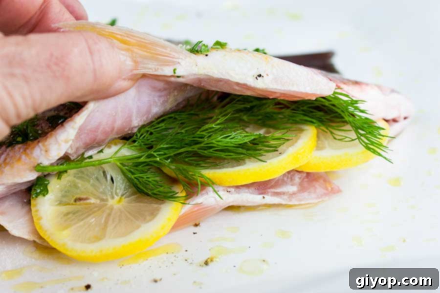 Baked Whole Red Snapper - Deliciously seasoned with citrus and herbs this red snapper recipe is on the table in minutes! Easy and healthy! Close-up view of fresh herbs and delicate lemon slices carefully stuffed into the cavity of a whole red snapper, enhancing its flavor profile.