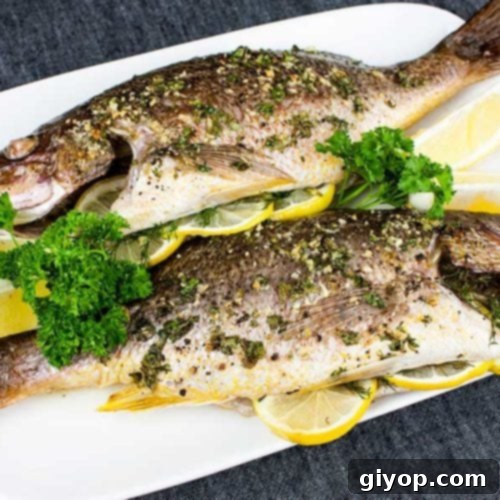 Whole Roasted Red Snapper 4 Baked whole red snapper on a white plate garnished with parsley.