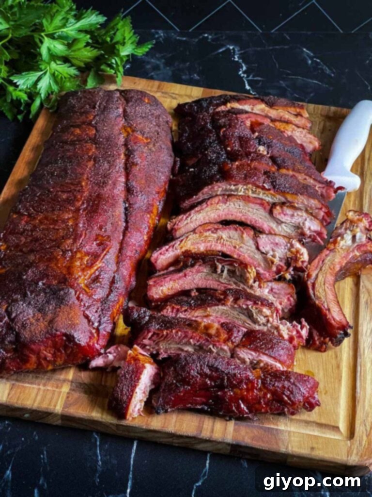 Two racks of Memphis style baby back ribs, one whole and one expertly sliced, presented on a wooden cutting board.