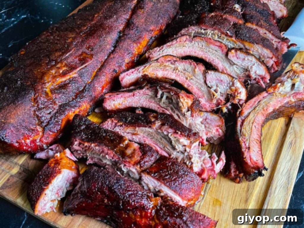 Individual Memphis style baby back rib portions neatly arranged on a wooden cutting board, highlighting the juicy interior and smoky bark.