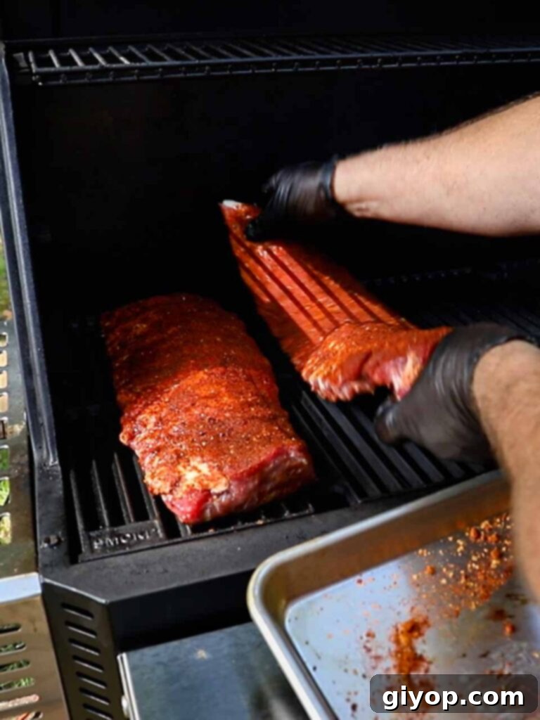 Two racks of seasoned baby back ribs being carefully placed onto the grates of a hot smoker, ready for the slow cooking process.