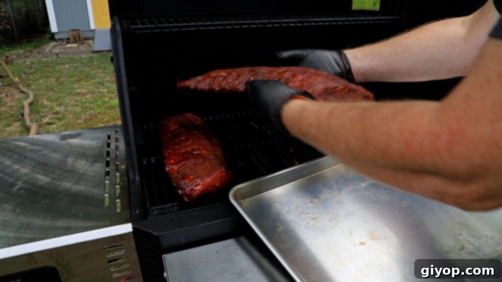 Smoked baby back ribs being carefully removed from a Masterbuilt smoker after three hours of initial smoking, showing a rich, developed bark.