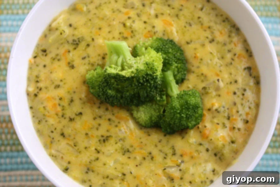 Close-up of a rich and creamy broccoli cheddar soup in a white bowl.