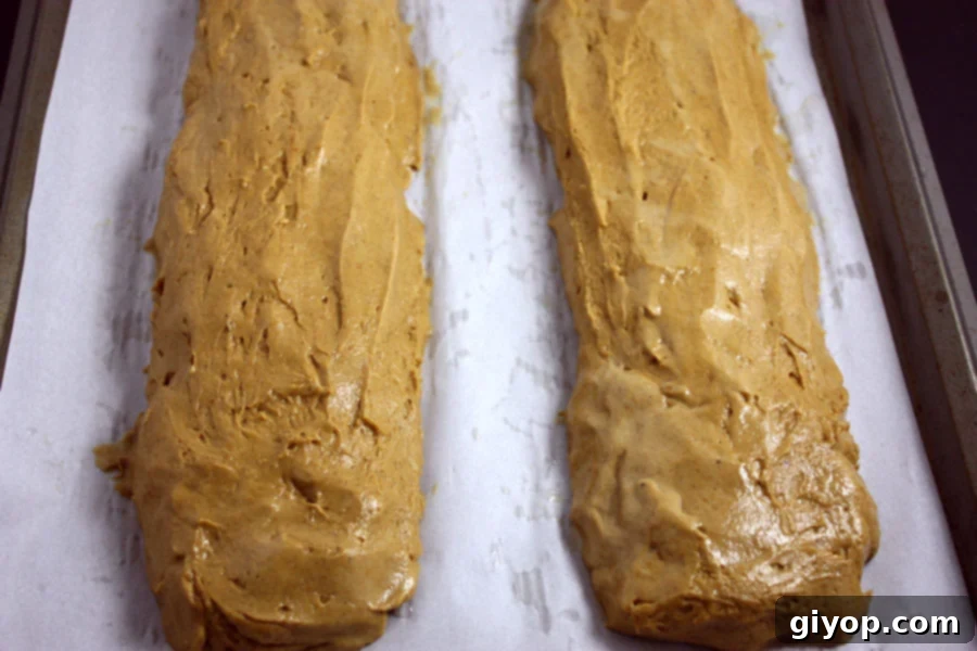Autumn Spice Latte Biscotti 3 Raw pumpkin biscotti dough carefully shaped into two long logs on parchment paper, ready for its first bake in the oven.