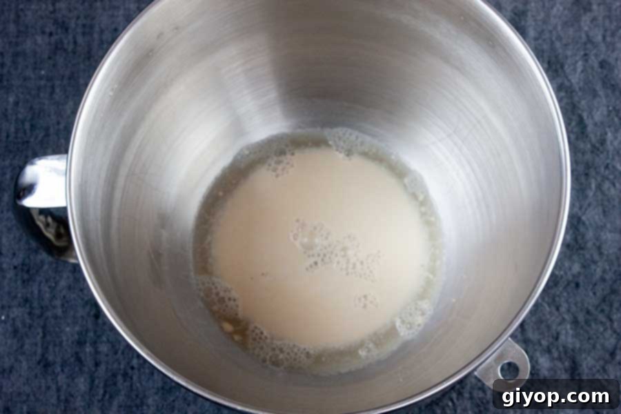 Yeast blooming in the bowl of a stand mixer.