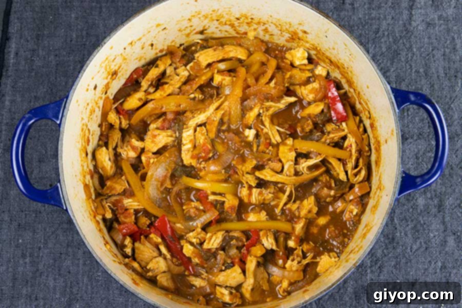 Delicious Gluten Free Chicken Fajita Stew 6 Hearty chicken fajita stew simmering gently in a blue Dutch oven, rich with chicken, peppers, and aromatic spices, ready for serving.