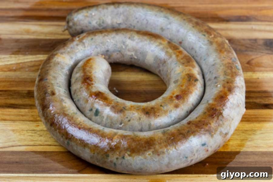 Cooked Italian sausage ring on a wooden cutting board.