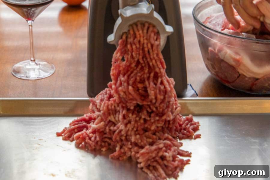 Pork butt being ground in the meat grinder onto a large baking sheet.