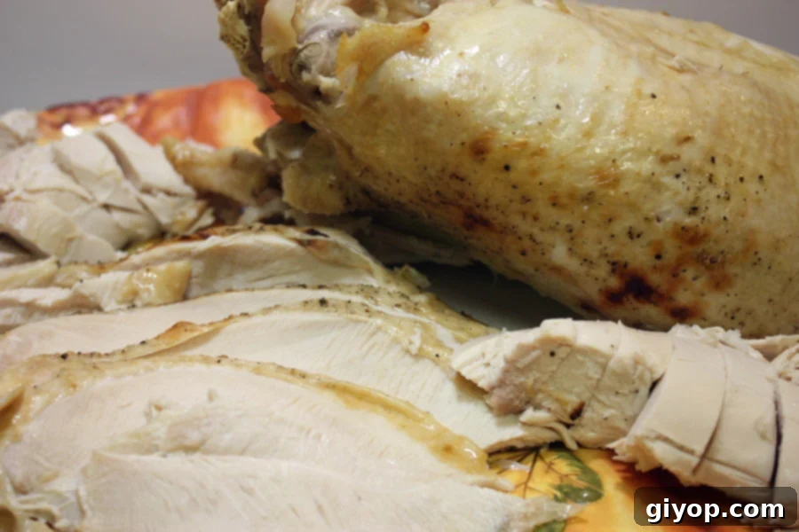 Perfectly sliced, juicy turkey breast on a elegant serving platter, ready to be enjoyed.