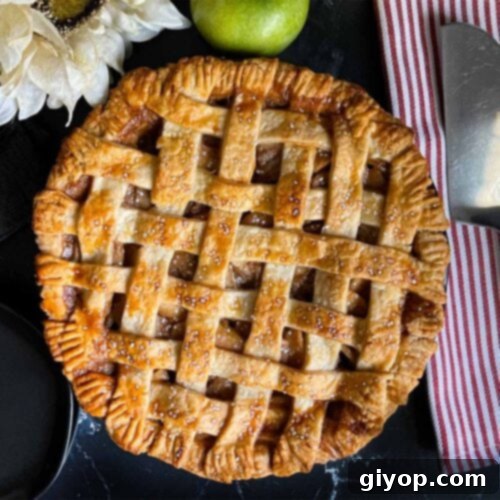 Lattice crust apple pie on a dark surface.