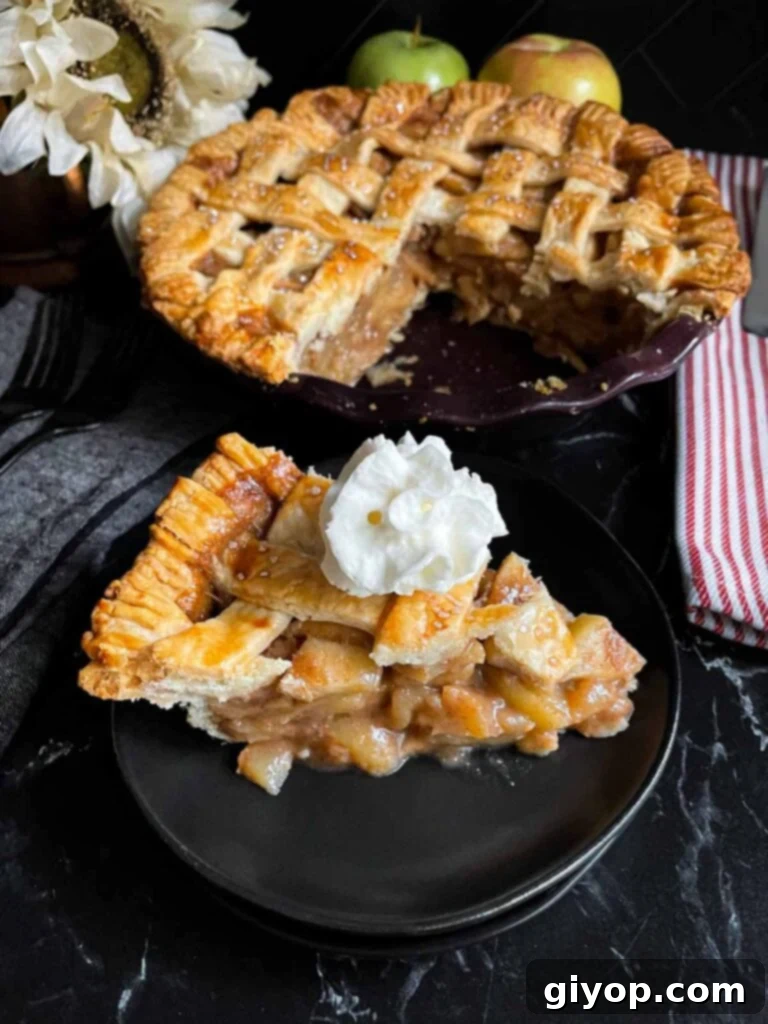 A perfectly baked slice of lattice crust apple pie, garnished with whipped cream, on a dark plate.