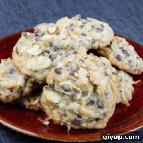 Almond Joy cookies on red plate.