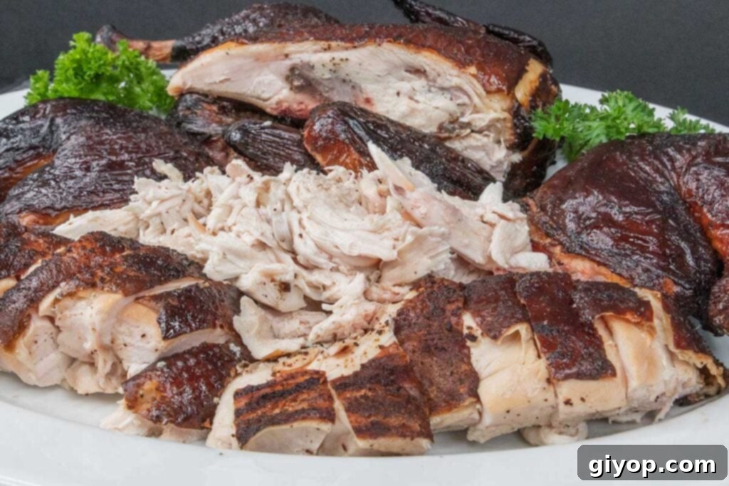 Smoked chicken cut up on a white platter garnished with whole parsley, ready to serve.