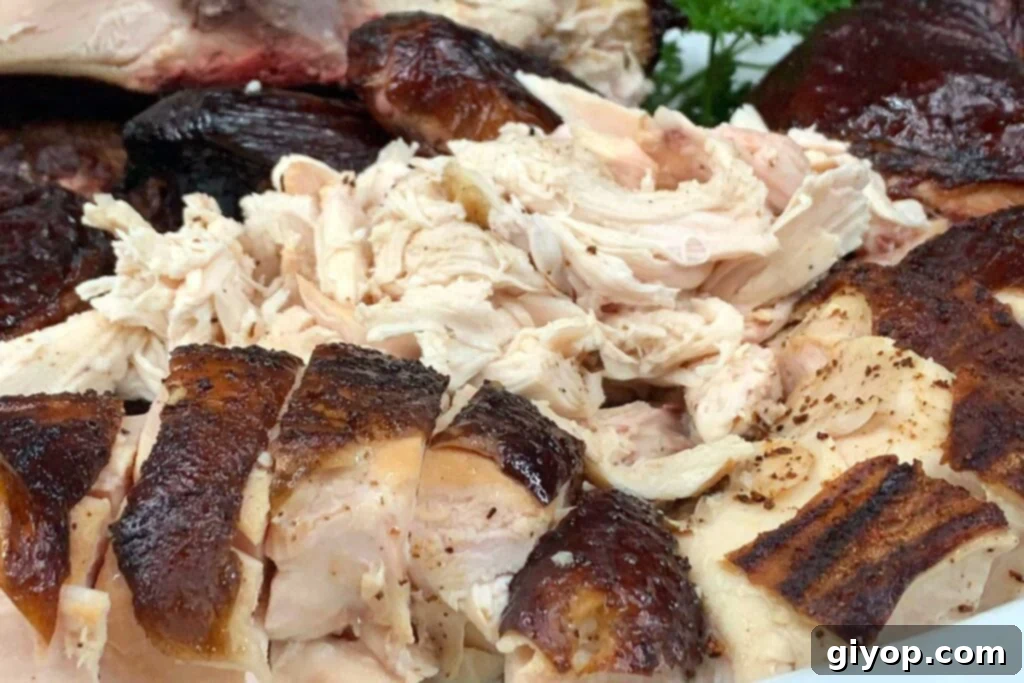 A perfectly smoked whole chicken, carved and ready to be served.