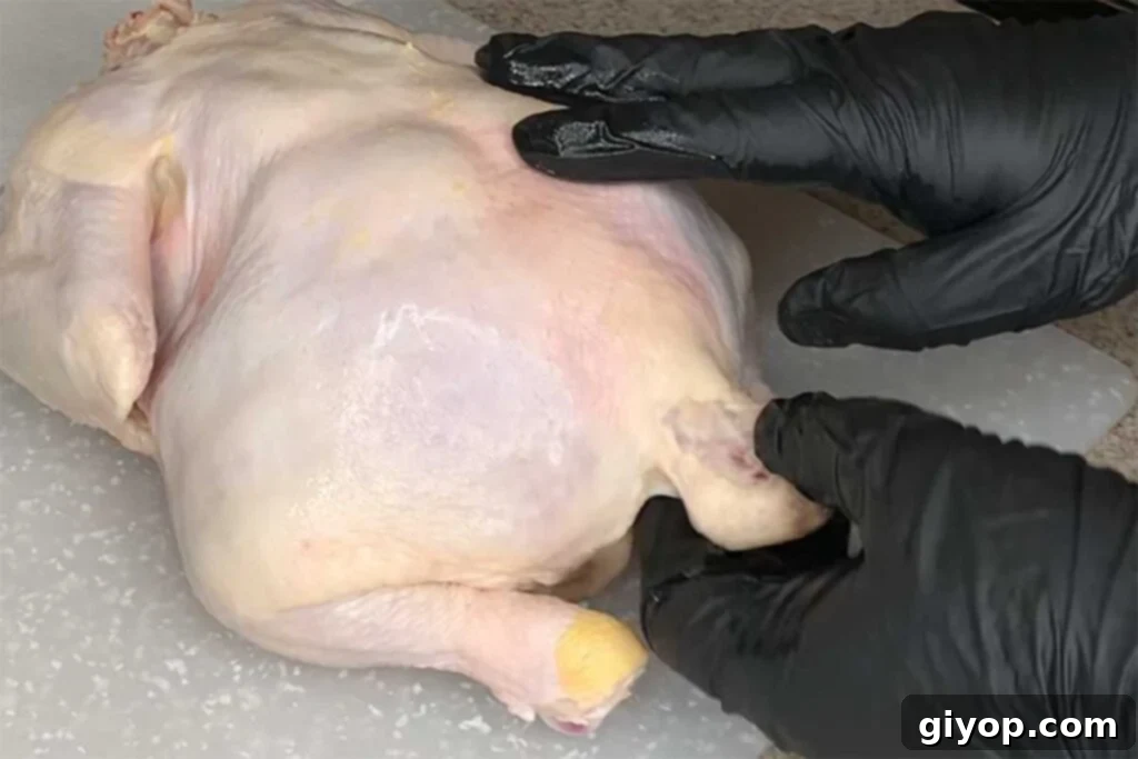 Show the Parson's Nose on an uncooked whole chicken, indicating where to cut for spatchcocking.