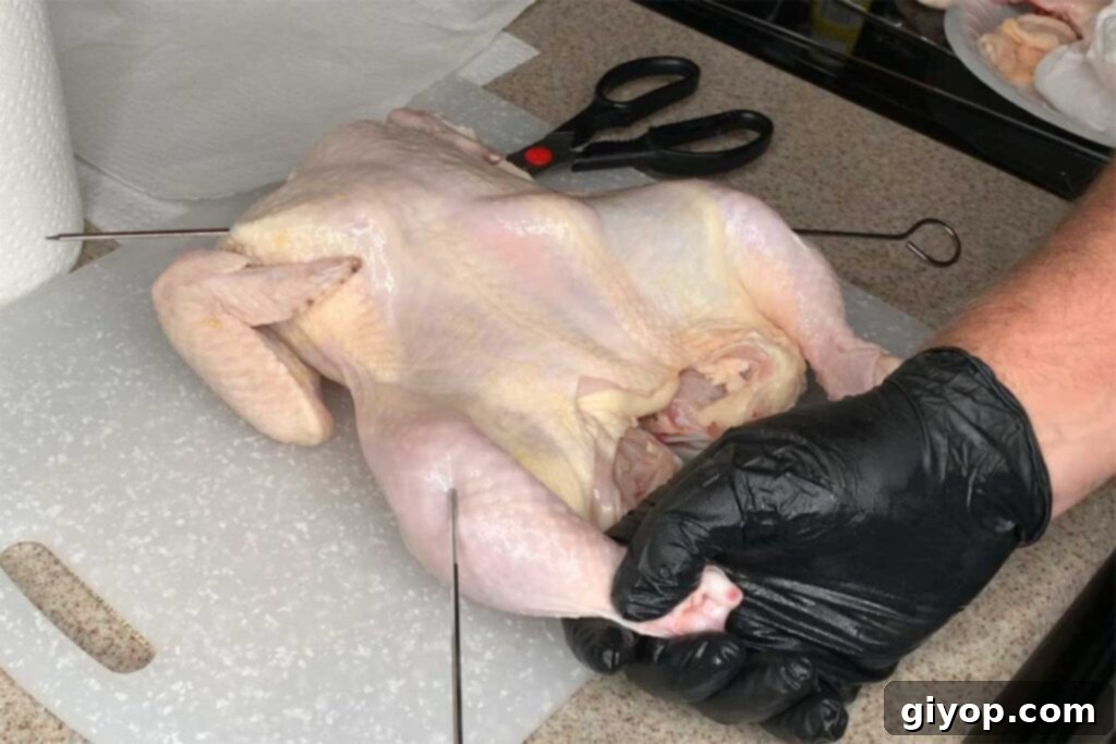 Spatchcocked chicken with skewers through it, ready for the smoker.