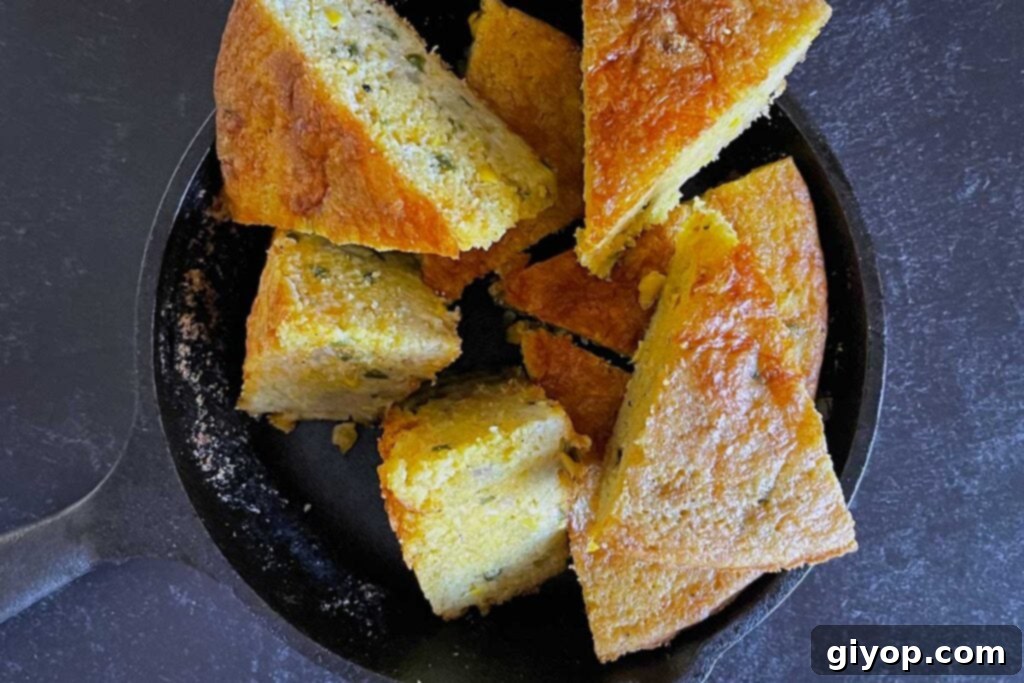 Cornbread wedges in a cast iron skillet