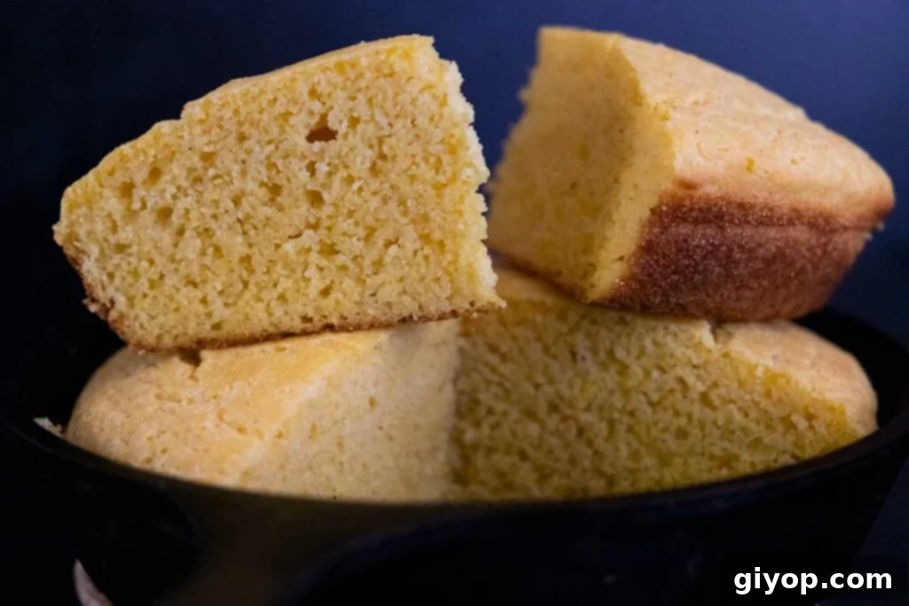 Golden-brown slices of homemade buttermilk cornbread, beautifully stacked within a rustic cast iron skillet, ready to be served.