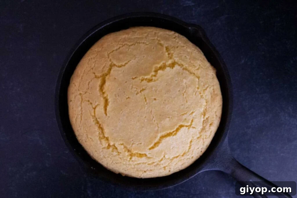 A perfectly baked, round loaf of buttermilk cornbread nestled in a well-seasoned cast iron skillet, showcasing its golden crust.