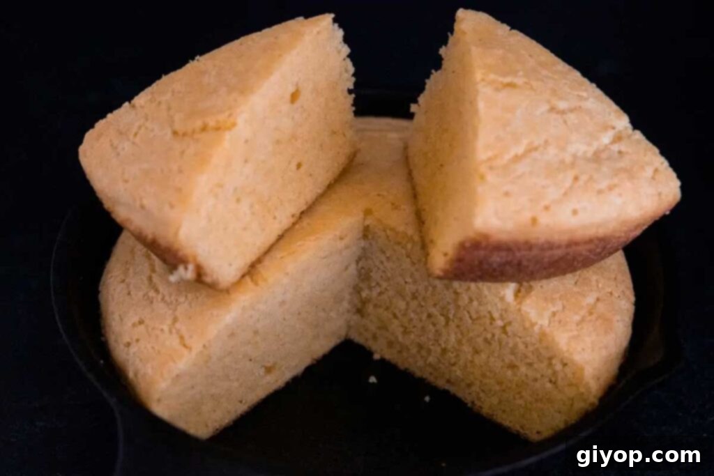 Sliced pieces of golden buttermilk cornbread arranged in a cast iron skillet, ready to be served.
