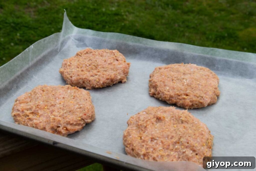 Four uncooked turkey burgers on a parchment lined baking sheet.
