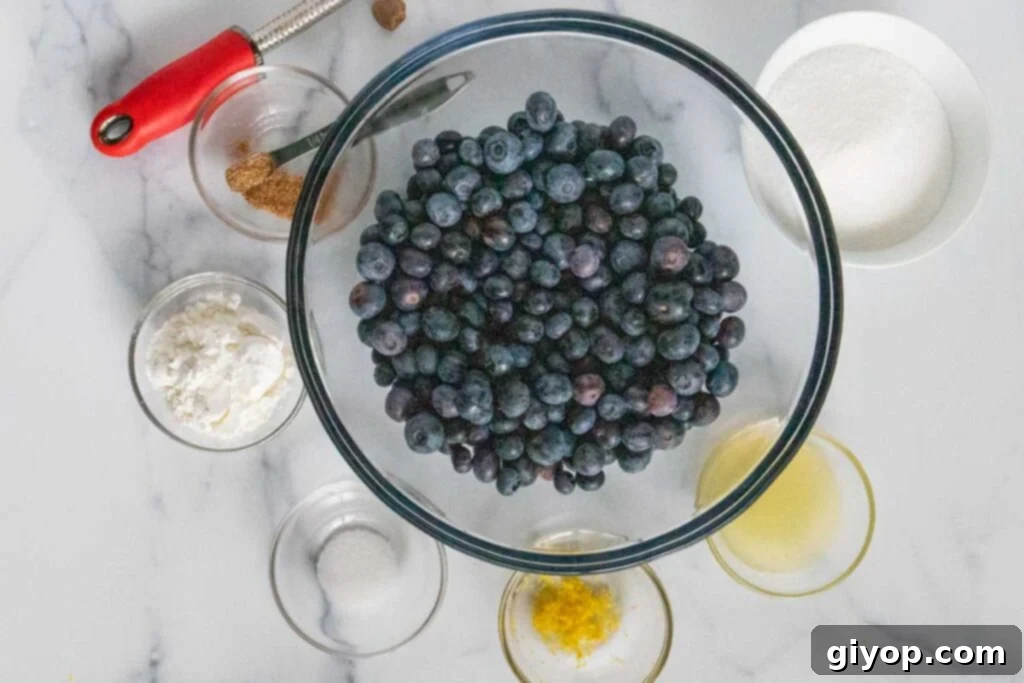 A glass bowl filled with fresh blueberries, surrounded by smaller bowls containing various spices and lemon, ready for making the pie filling.