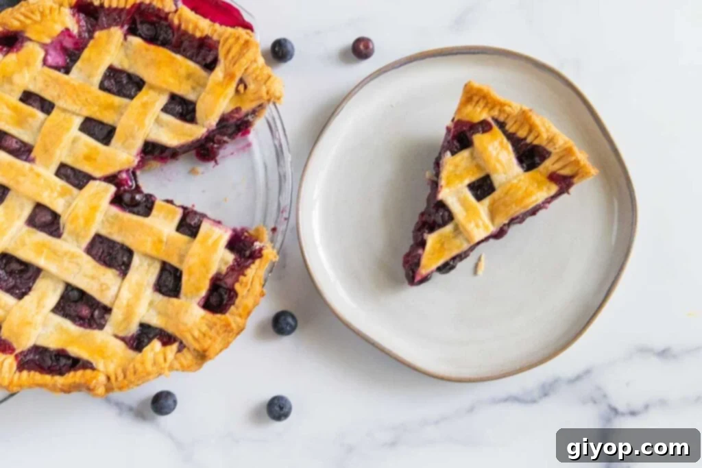 A whole, freshly baked blueberry pie with a beautiful lattice top, cooling on a wire rack.