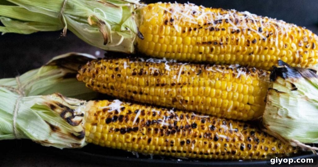 Grilled corn on the cob, topped with shredded parmesan cheese on a black plate.