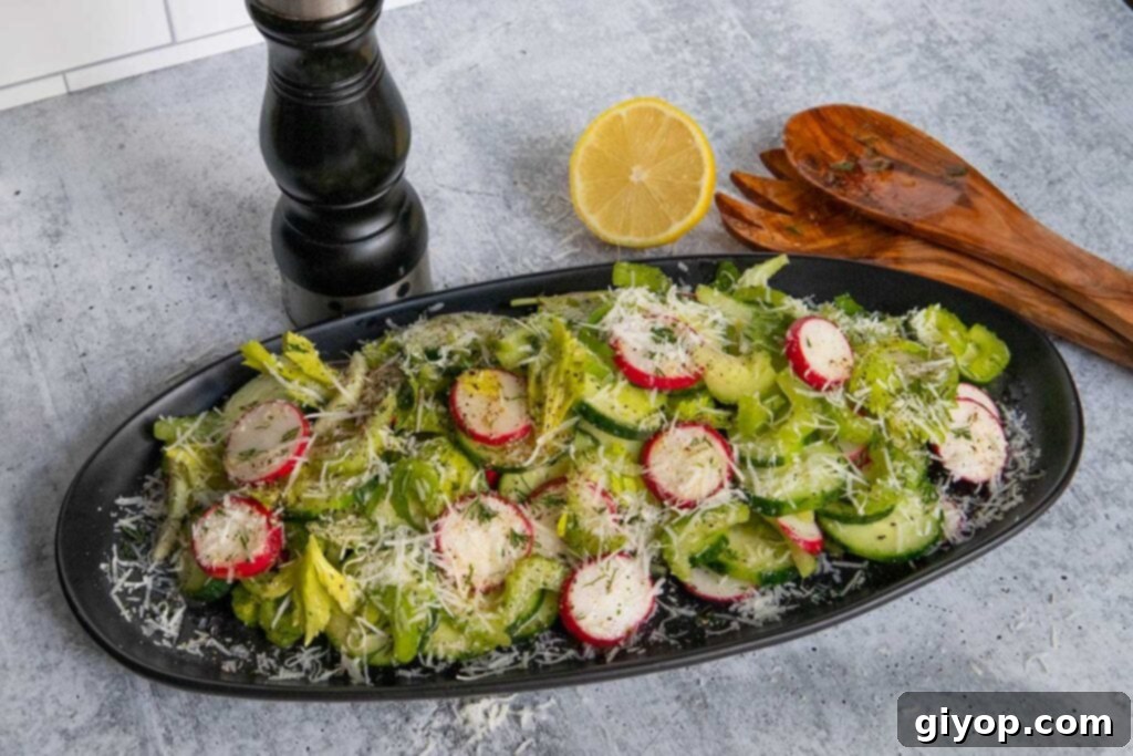 Close-up of freshly prepared cucumber radish salad on a black platter, ready to be served.