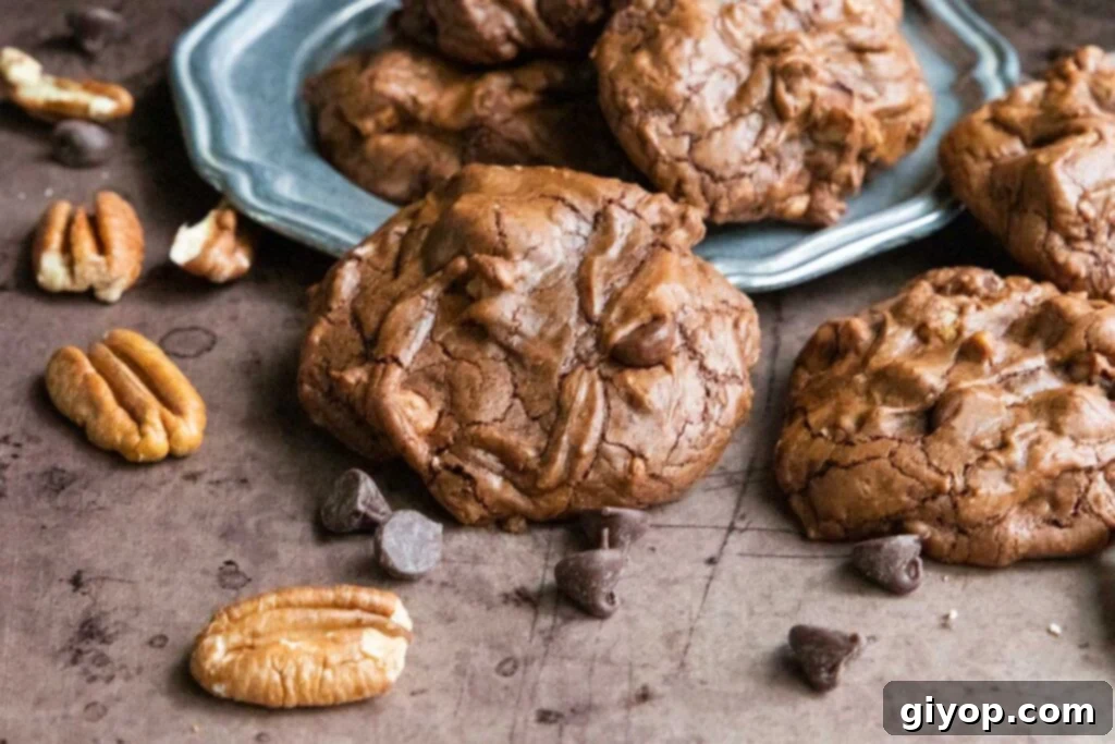 Fudgy Brownie Cookies 3 A close-up view of two brownie cookies stacked on a silver plate, highlighting their rich chocolate color and inviting texture.