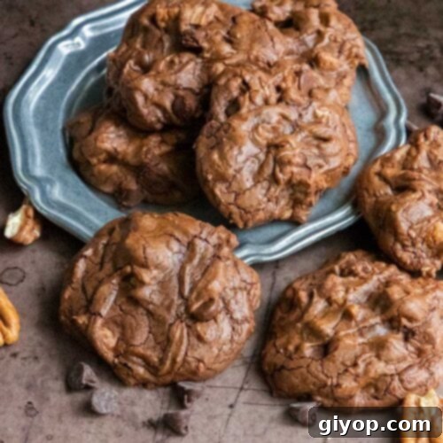 Fudgy Brownie Cookies 7 Brownie cookies on a silver plate, showcasing their rich texture.