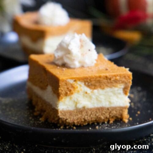 A perfectly sliced pumpkin cheesecake bar, showing its distinct layers, on a black plate.