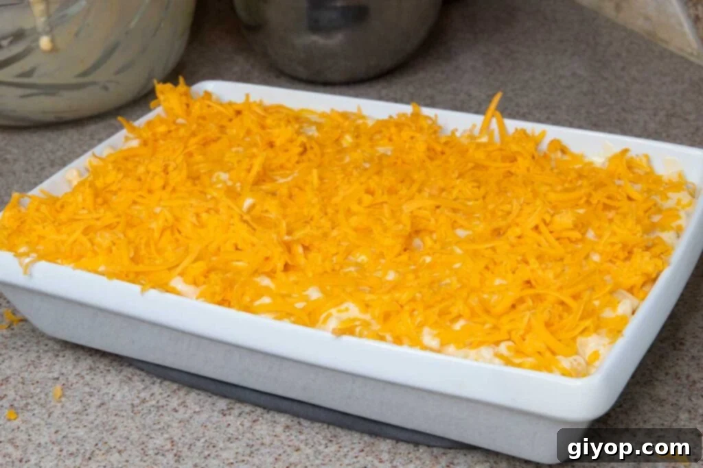 Macaroni and cheese about to go into the oven.