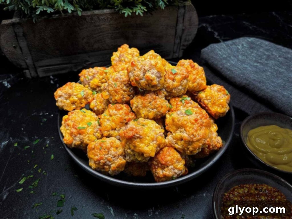 Bisquick sausage ball in a black bowl garnished with chopped parsley.