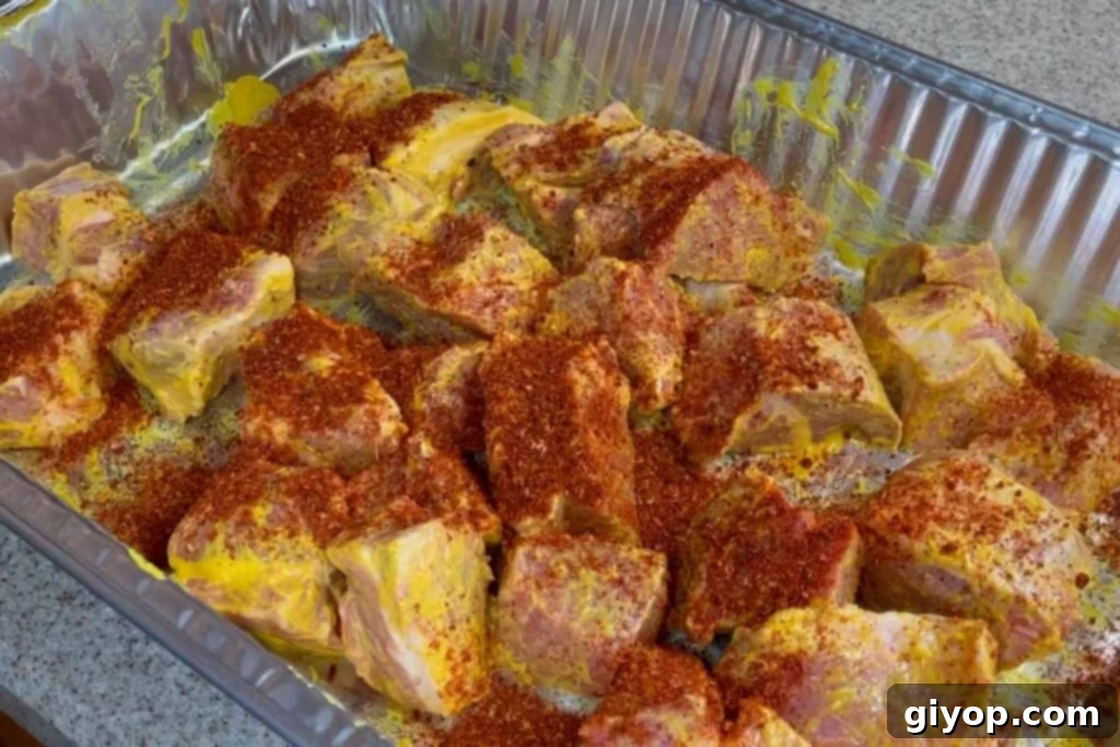 Ultimate Smoked Pork Burnt Ends 7 cubes of pork butt with rub