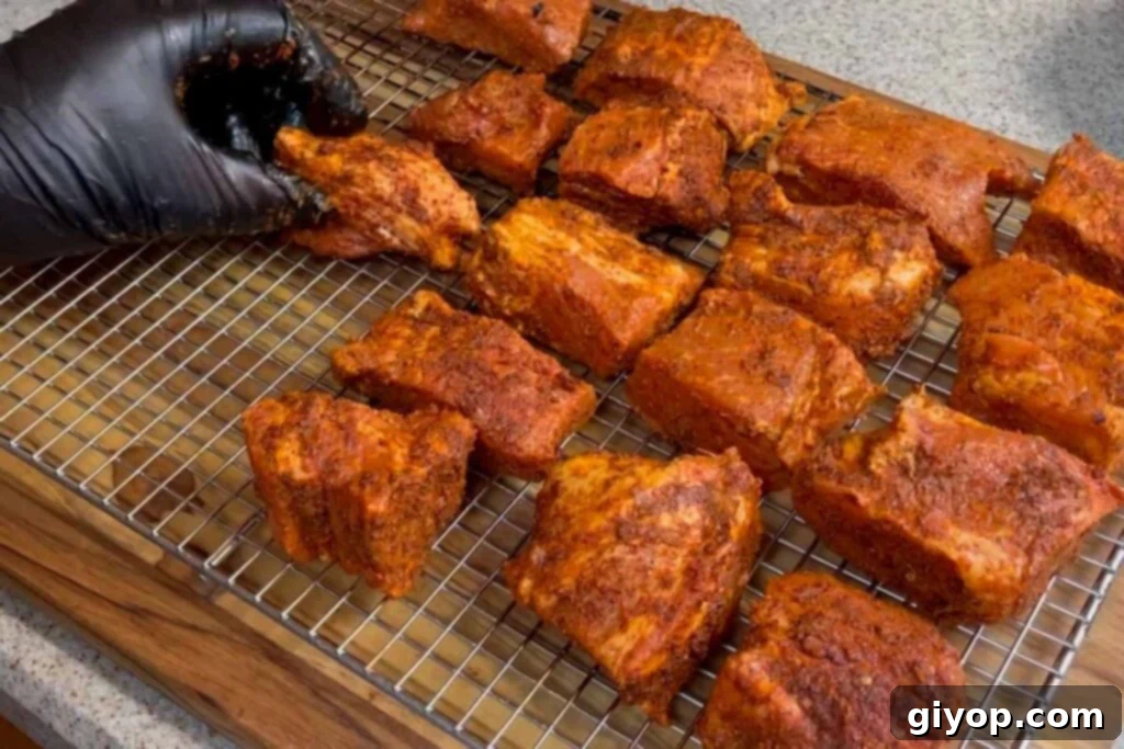 Ultimate Smoked Pork Burnt Ends 9 placing cubes of pork butt with rub onto bradley rack