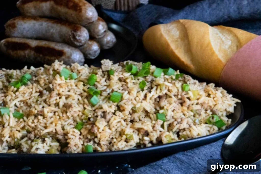 Crafting Perfect Cajun Dirty Rice 8 Cajun dirty rice in a black bowl with sausages and bread