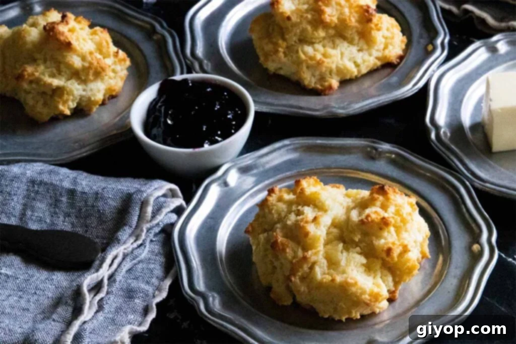 Buttermilk drop biscuits on silver plates with a small bowl of jam and a stick of butter on the side.