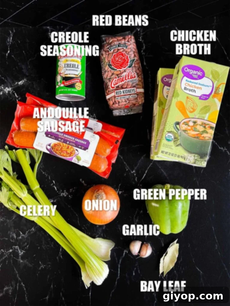 Soulful Slow Cooker Red Beans and Rice 3 Slow cooker red beans and rice recipe ingredients on a dark surface.